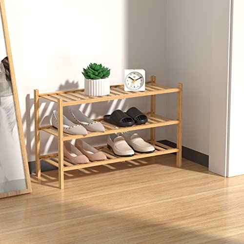 RONGJIA 3-Tier Natural Bamboo Shoe Rack - Stackable Storage Shelf with Multi-Function Combinations - Free Standing Shoe Racks for Convenient Shoe Organization（Natural） 11" D x 27" W x 20" H