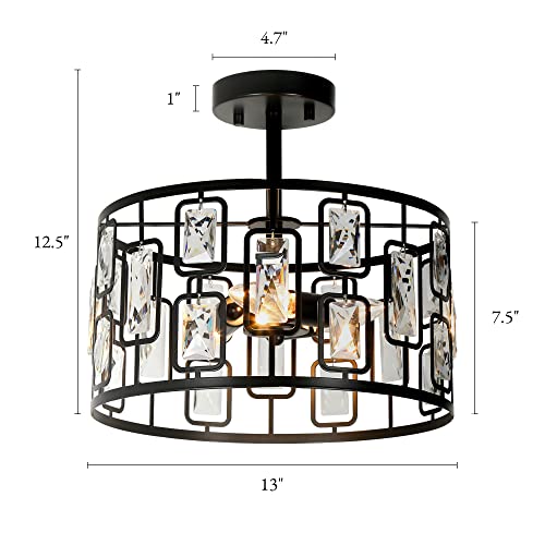 LNC HOME Crystal Semi Flush Mount Ceiling Light Fixture, 3-Light Black Modern Contemporary Drum Pendant Chandeliers for Dining Room, Bedrooms, Kitchen, Hallway, Foyer, Entryway, 13'' Dia