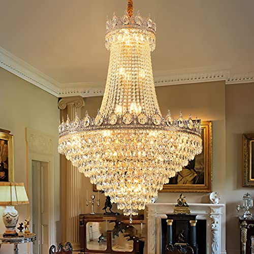 31.8" French Empire Crystal Chandelier Modern Gold Crystal Chandeliers Round Large High Ceiling Sloped Hanging Pendant Light Fixtures for Living Dining Room Hallway Staircase Foyer 26-Lights