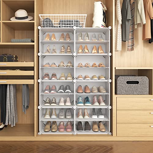 LANTEFUL Shoe Rack Organizer Shoe Storage Cabinet 8 Tiers 32 Pair Portable Shoe Storage Sturdy Plastic White Shoe Shelf with Hooks Shoe Rack with Door for Entryway, Bedroom and Hallway
