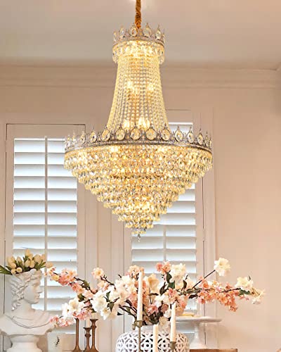 31.8" French Empire Crystal Chandelier Modern Gold Crystal Chandeliers Round Large High Ceiling Sloped Hanging Pendant Light Fixtures for Living Dining Room Hallway Staircase Foyer 26-Lights