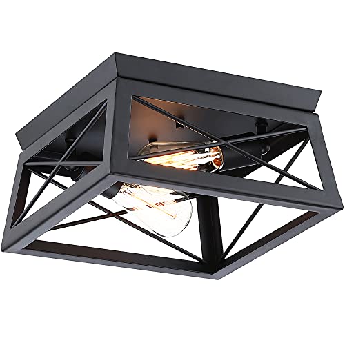 Pia Ricco Flush Mount Ceiling Light Fixture, Outdoor Ceiling Light for Porch, Black Farmhouse Ceiling Light, Modern Industrial Square Light for Entry, Hallway, Kitchen, Rustic Style,2-Light