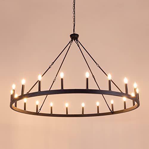 Wellmet Extra Large Black Chandelier Diam 60 inch, 20-Light Wagon Wheel Chandelier, Farmhouse Industrial Country Style Large Round Pendant Light Fixture for Living Room, Hallway, Foyer