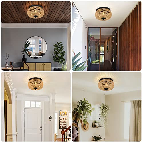 3-Lights Rattan Light Fixtures Ceiling Mount, Boho Farmhouse Woven Flush Mount Ceiling Light, Hand-Worked Cage Shade Rattan Ceiling Lights for Bedroom Kitchen Foyer Porch, Rustic Hallway Light Fixture