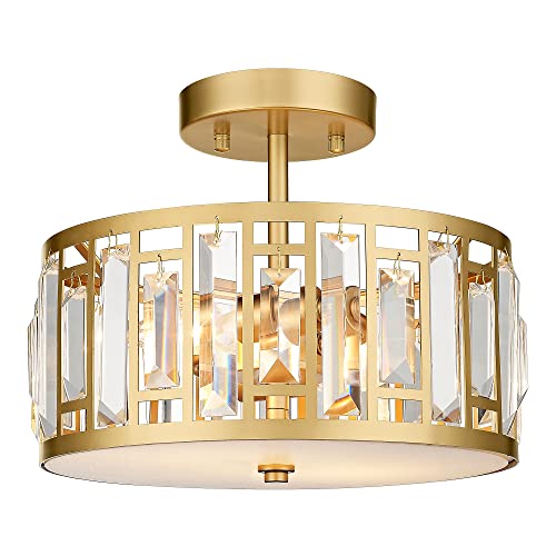 Cargifak Crystal Ceiling Light, 2-Light Gold Flush Mount Light Fixture, Drum Flush Mount Chandelier for Hallway Bedroom Bathroom Kitchen Laundry, CL5606-2W-G