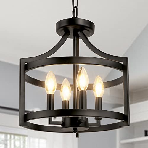 WBinDX Farmhouse Semi Flush Mount Ceiling Light Fixture, 4-Light Rustic Industrial Black Chandelier, Convertible Vintage Cage Pendant Lighting for Kitchen Dining Room Foyer Hallway Entryway