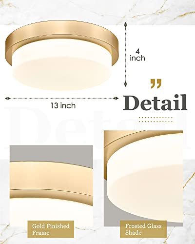 Audickic Gold Flush Mount Ceiling Light, 13inch Close to Ceiling Light Fixtures 24W 2200lm Dimmable 2700K/3000K/4000K/5000K/6000K Brass LED Ceiling Lamp for Bedroom Hallway Kitchen, AD-22008-L-GD