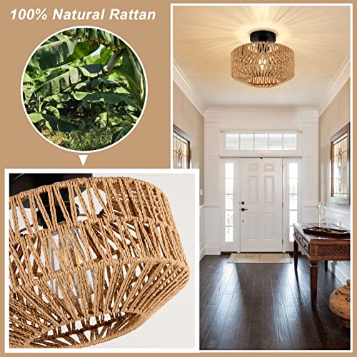 Jobtical Boho Light Fixtures Ceiling Mount,Mini Rattan Chandelier Light Fixture with Dimmable LED Bulb,Hand Woven Ceiling Light Fixtures Flush Mount for Hallway Bedroom Kitchen Entryway Living Room