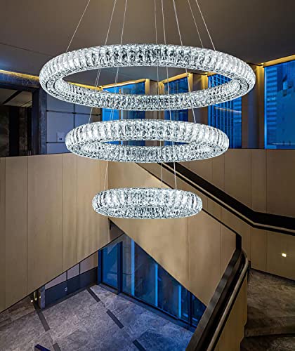 IDEQUY 32"+24"+16" 3 Rings Big Crystal Chandeliers Dimmable Living Room Foyer Hallway LED High Ceiling 120'' Long Hanging Pendant Light Crystal Chandeliers Staircase 3000-6000K LED