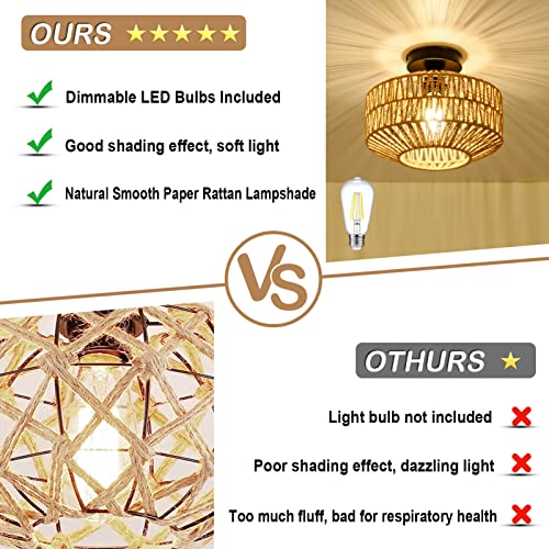 Jobtical Boho Light Fixtures Ceiling Mount,Mini Rattan Chandelier Light Fixture with Dimmable LED Bulb,Hand Woven Ceiling Light Fixtures Flush Mount for Hallway Bedroom Kitchen Entryway Living Room