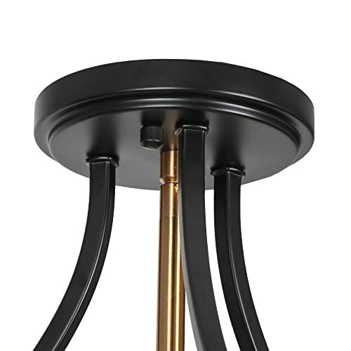 Uolfin Semi Flush Mount Ceiling Light, 3-Light Modern Black and Gold Close to Ceiling Light Fixtures Fishbowl-Shaped Seeded Glass Shade for Hallway Kitchen Bedroom Foyer, 14.2’’ W x 12.5’’ H