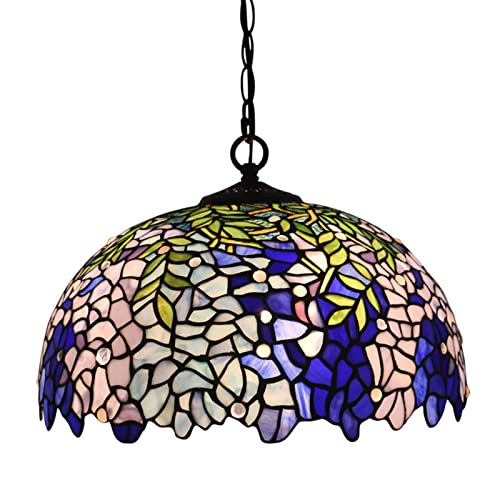 Large Tiffany Pendant Light Wisteria Design Stained Glass Hanging Lamp Handmade 16-Inch Chandeliers for Kitchen Dining Room Foyer Hallway Decorative Lighting