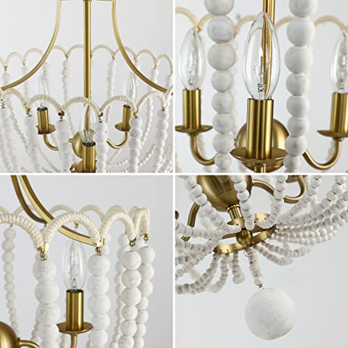 Boho Pendant Lighting,3-Light Wood Bead Chandelier Beach Light Fixture Ceiling Hanging for Cottage Dining Room Living Room Bedroom Hallway,Solid White Wood Beads,Electroplated Brass Gold Metal