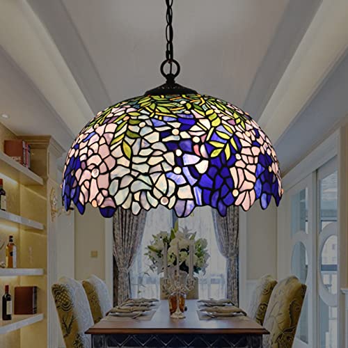 Large Tiffany Pendant Light Wisteria Design Stained Glass Hanging Lamp Handmade 16-Inch Chandeliers for Kitchen Dining Room Foyer Hallway Decorative Lighting