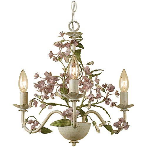 Hanover Rustic Floral Mini Chandelier in Antique Cream and Purple Hanging Light Fixture for Bedroom, Living Room, Hallway, Entryway, Kitchen 3 Lights Hardwire or Plug-in Swag