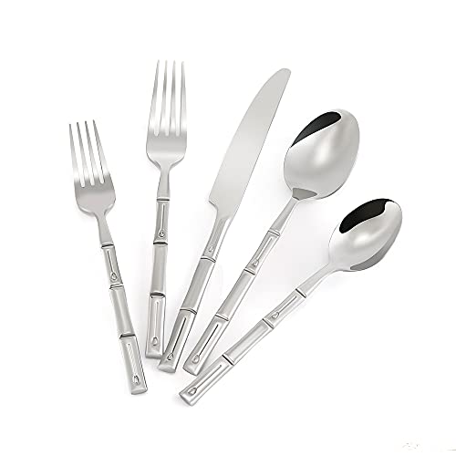 JINTUO Silverware Set Flatware Set Stainless Steel 20 Pieces Silver Mirror Finished with Bamboo Pattern Hand Forged Cutlery Set Home Kitchen Use Gift Service for 4