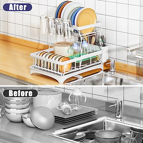 HERJOY Dish Drying Rack for Kitchen Counter, 2 Tier Large Dish Rack with Drainboard Set, Detachable Dish Drainer Organizer Shelf with Utensil Holder and Cup Rack, White Kitchen Dish Rack