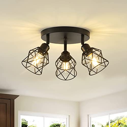 Kitchen Light Fixtures Ceiling Mount, 3-Lights Multi-Directional Rotating Iron Lamp Shade, Black Flush Mount Ceiling Light Fixtures for Farmhouse, Hallway, entryway, Etc (E26 Bulb Not Included)