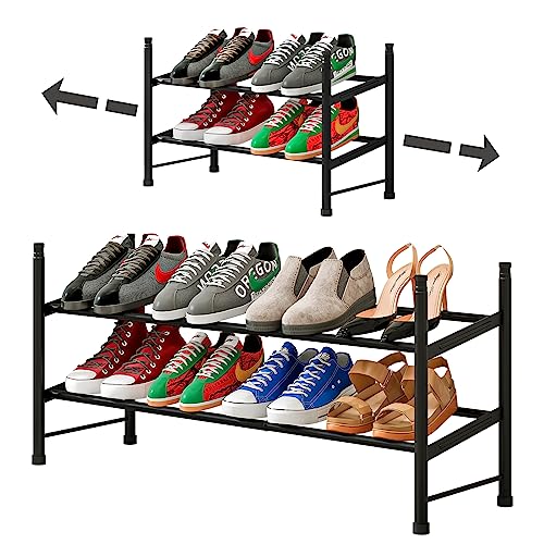 YIZAIJIA Shoe Rack Storage Organizer 2 Tier Expandable Metal Adjustable Shoe Shelf Free Standing Shoe Rack for Entryway Closet Doorway,Black
