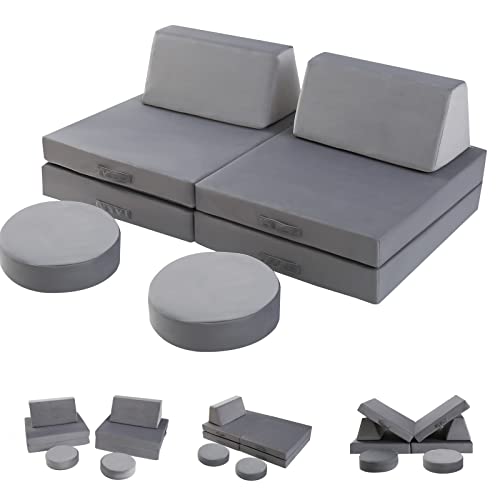 MeMoreCool Kids Couch Sofa Modular Toddler Couch for Bedroom Playroom, 8-Piece Fold Out Couch Play Set for Imaginative Boy Girl, Creative Baby Couch Children Convertible Sofa Kids Foam Couch, Grey