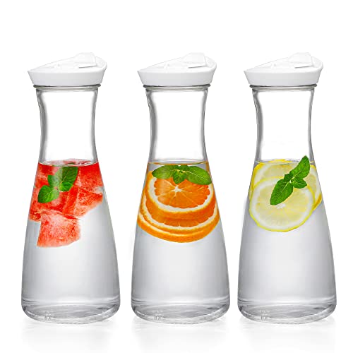 MOLADRI Glass Carafe with Lid, 1 Liter/34oz Juice Jugs for Mimosa Bar, Brunch, Party, Drink, Water, Wine, Ice Tea Pitcher, Beverage Jars for Fridge, Milk Containers for Refrigerator, Set of 3