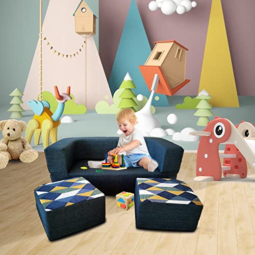 ANONER Kids Couch Convertible Toddler Sofa 4pcs with Memory Foam Fold Out Kids Sofa Bed, Play Couch Chair for Children Boys and Girls, Dark Blue