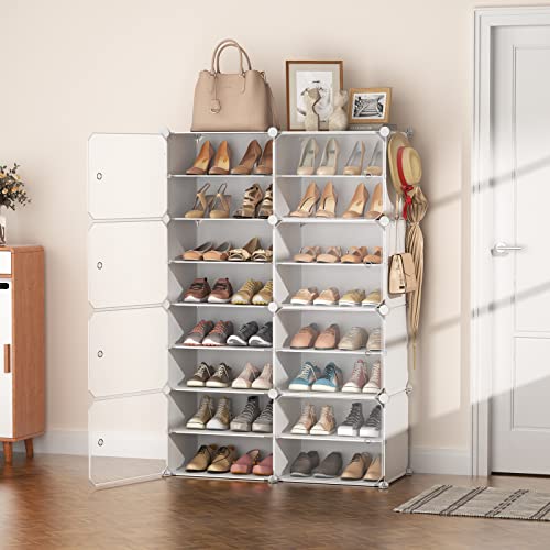 LANTEFUL Shoe Rack Organizer Shoe Storage Cabinet 8 Tiers 32 Pair Portable Shoe Storage Sturdy Plastic White Shoe Shelf with Hooks Shoe Rack with Door for Entryway, Bedroom and Hallway