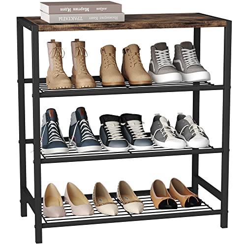 HOMEFORT 4-Tier Shoe Rack, Shoe Storage Shelf, Industrial Shoe Tower, Narrow Shoe Organizer for Closet Entryway, Small Shoe Rack Table with Durable Metal Shelves, Rustic Brown