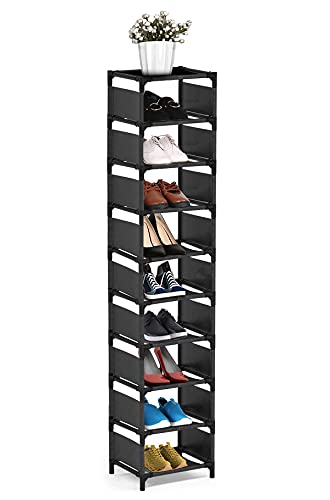 isightguard Narrow Shoe Rack, 10 Tier Vertical Shoe Rack for Closet Entryway Tall Slim Shoe Rack for Small Spaces Shinky Shoe Organizer Space Saving Corner Shoe Shelf Shoe Tower