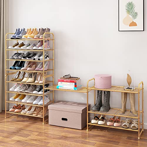 Simple Trending 4-Tier Stackable Shoe Rack, Expandable & Adjustable Shoe Organizer Storage Shelf, Wire Grid, Golden Yellow