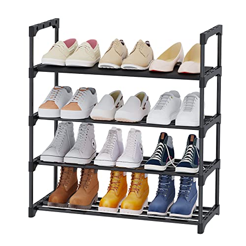 Calmootey 4-Tie Shoe Rack,Shoe Shelf Storage Organizer,Entryway,Bedroom,Black