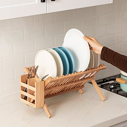 HBlife Dish Rack,Bamboo Folding 2-Tier Collapsible Drainer Dish Drying Rack with Utensils Flatware Holder Set (Dish Rack with Utensil Holder)