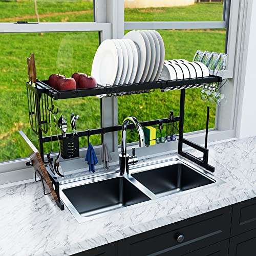 HEITICUP 2 Tier Dish Drying Rack, Adjustable & Space-Saving Over The Sink Dish Drying Rack(from 25.6" to 33.5") Multifunctional Black Stainless Steel Dish Drying Rack