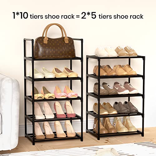 WEXCISE Narrow 10 Tiers Tall Shoe Rack for Entryway 20-24 Pairs Shoe and Boots Organizer Storage Shelf Space Saving Large Shoe Tower Durable Black Metal Stackable Shoe Cabinet with Hooks
