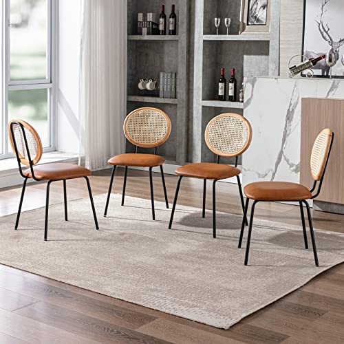 Jaxsen Faux Leather Indoor Kitchen Dining Chairs Set of 4 with Rattan Backrest,Modern Industrial Upholstered Chairs Mid Century Metal Dining Chair for Dining Room Wine Coffee Bar Whiskey Brown,18"