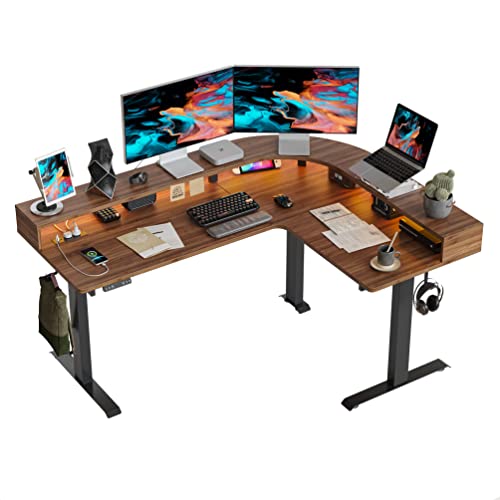 FEZIBO Triple Motor L Shaped Stadning Desk with LED Strip & Power Outrlets，63 inches Height Adjustable Stand up Corner Desk with Ergonomic Monitor Stand, Black Frame/Black Walnut Top