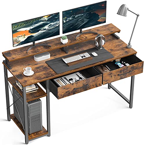 ODK Computer Desk 47" Table: Office Desk with Drawers & Wood Storage Shelves, Home Work Writing Desk & Large Space Monitor Stand, Rustic Brown