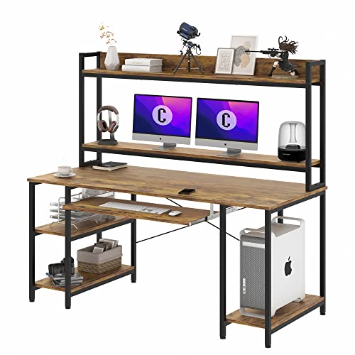 55 INCH Computer Desk with Keyboard Tray, Industrial Desk with Hutch Storage Shelves Gaming Desk with Monitor Shelf CPU Stand Study Writing Desk for Home Office, Easy to Assemble, Rustic Brown
