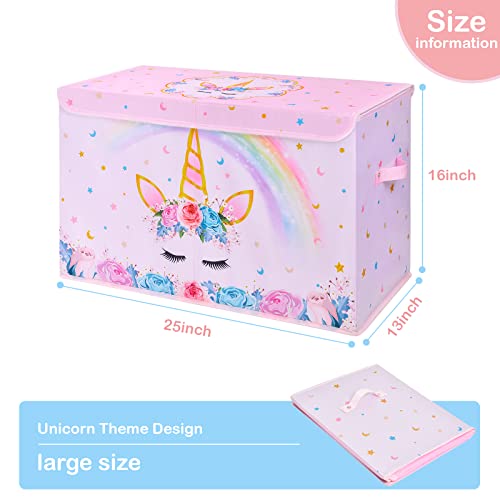WERNNSAI Unicorn Toy Box - Collapsible Oxford Storage Bin with Handles 25" x 13" x 16" Toys Clothes Books Chest Organizer Cube with Flip-top Lid for Girls Kids Bedroom Nursery Living Room