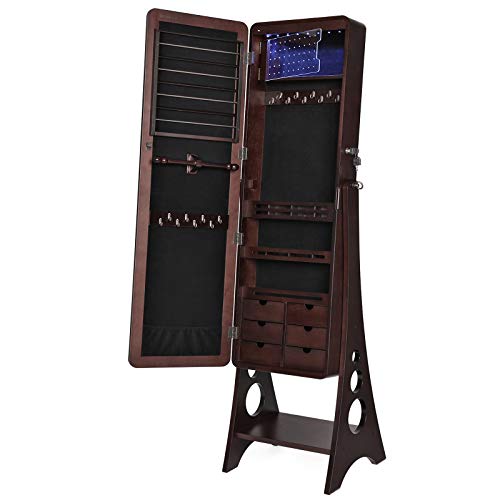 SONGMICS 8 LEDs Jewelry Cabinet Armoire with Beveled Edge Mirror, Gorgeous Jewelry Organizer Large Capacity Brown Patented UJJC89K