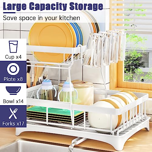 HERJOY Dish Drying Rack for Kitchen Counter, 2 Tier Large Dish Rack with Drainboard Set, Detachable Dish Drainer Organizer Shelf with Utensil Holder and Cup Rack, White Kitchen Dish Rack