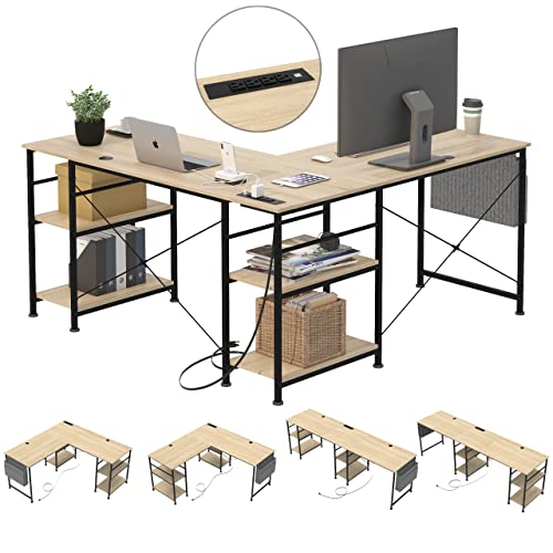 Tbfit L Shaped Desk with Storage Shelves,90.5 Inch Reversible Coner, Office Desk for Small Space,Large Computer Gaming Desk Workstation with Power Outlet,2 Person Long Writing Study Table(Oak)