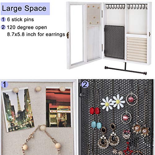 Keebofly Wall Mounted Jewelry Box Organizer With Rustic Wood Large Space Jewelry Cabinet Holder Jewelry Storage Box for Necklaces, Earrings, Bracelets, Ring Holder, and Accessories White
