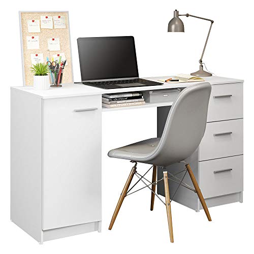 Madesa Computer Desk with 3 Drawers, 1 Door and 1 Storage Shelf, Wood Writing Home Office Workstation, 30” H x 18” D x 53” W - White