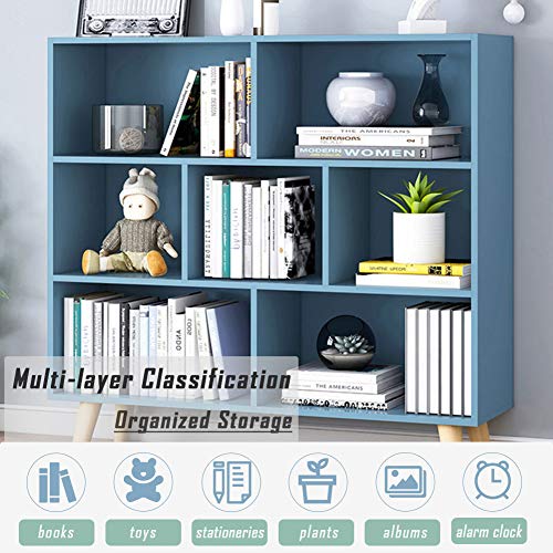 IOTXY Wooden Open Shelf Bookcase - 3-Tier Floor Standing Display Cabinet Rack with Legs, 7 Cubes Bookshelf, Bright Blue