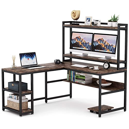 Tribesigns L-Shaped Desk with Hutch and Storage Shelves, 59 Inch Corner Computer Office Desk Gaming Table Workstation with Bookshelf and Monitor Stand for Home Office (Rustic Brown)