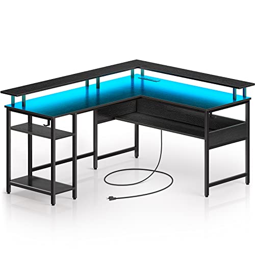 Rolanstar Computer Desk L Shaped 59'' with LED Lights and Power Outlets, Reversible L Shaped Gaming Desk with Monitor Stand, Home Office Desk with Storage, 59 inch Desk with USB Port and Hook, Black