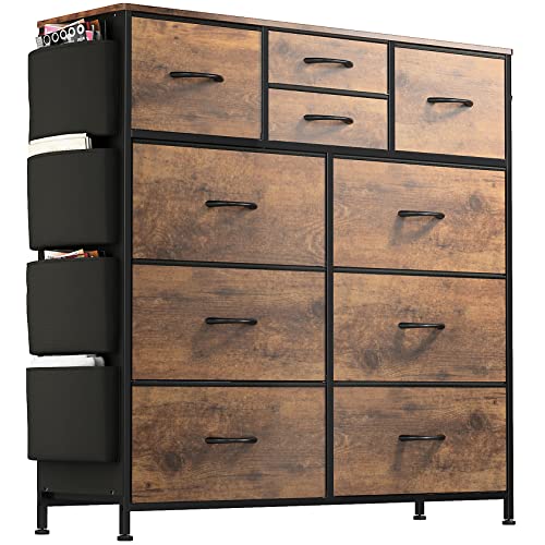 Lulive 10 Drawer Dresser, Chest of Drawers for Bedroom with Side Pockets and Hooks, Fabric Storage Dresser, Sturdy Steel Frame, Wood Top, Organizer Unit for Nursery, Hallway, Closet (Rustic Brown)
