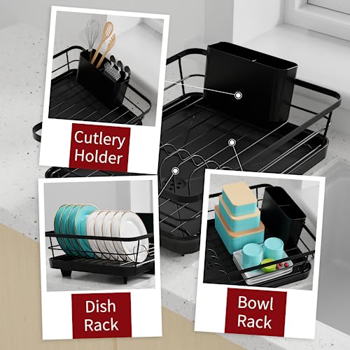 Sakugi Dish Drying Rack - Compact Dish Rack for Kitchen Counter with a Cutlery Holder, Durable Stainless Steel Kitchen Dish Rack for Various Tableware, Dish Drying Rack with Easy Installation, Black