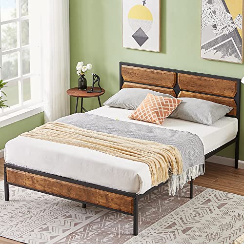 VECELO Queen Bed Frame Heavy Duty Metal Platform with Wooden Headboard Footboard Mattress Foundation 12 Strong Steel Slats Support Under Bed Storage/Easy Assemble
